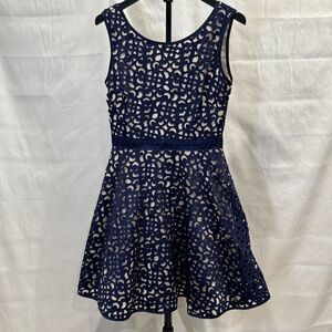 XSCAPE Navy Laser Cut Fit & Flare Dress | Nude Lining | Size 6 | Made in USA